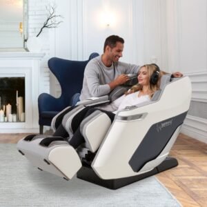 mujer en silla de masaje Casada pollux blanco con auriculares