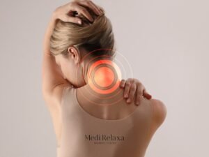 woman with neck pain and headache linked together